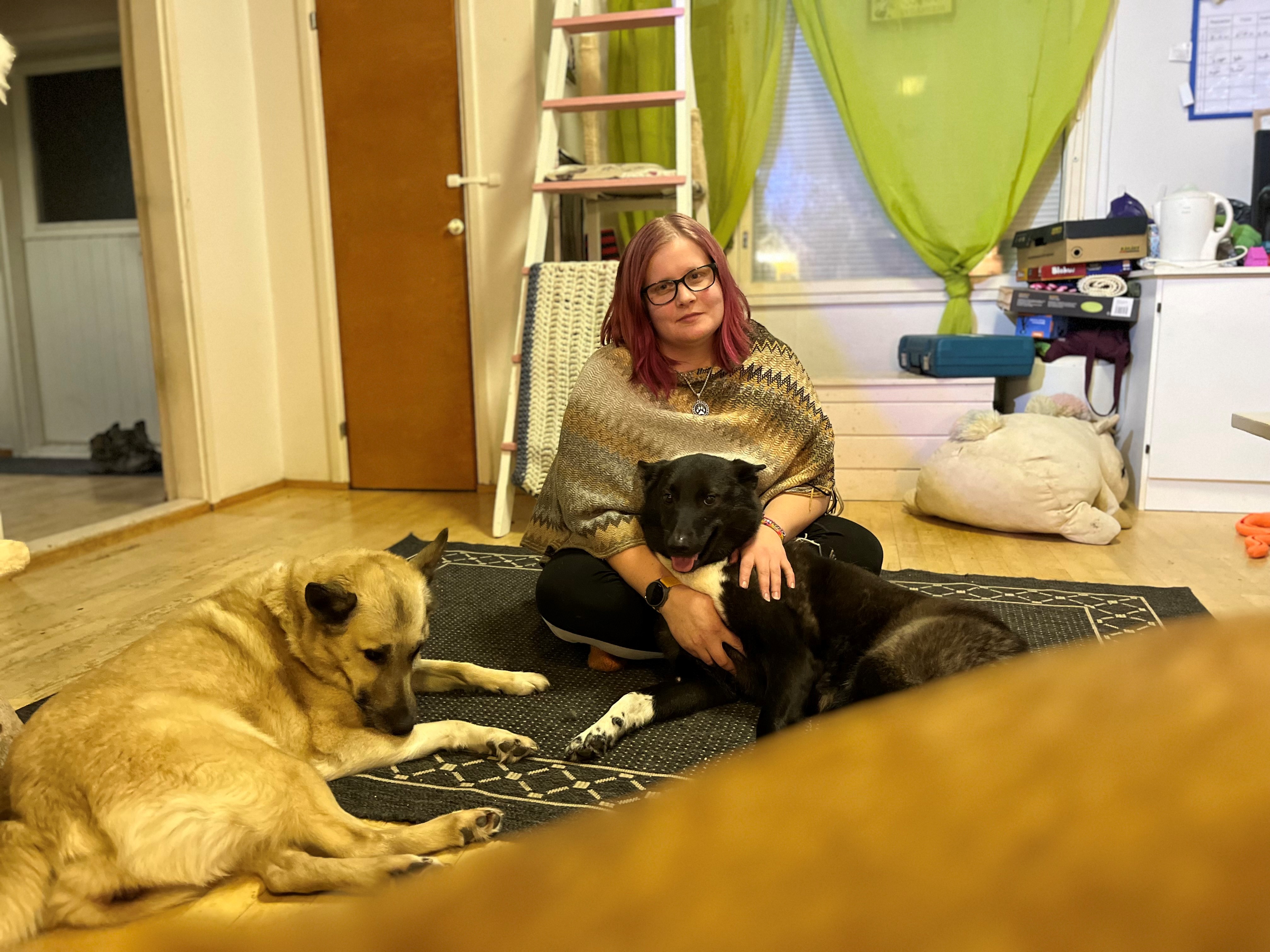 Tyttö istuu lattialla koiriensa kanssa